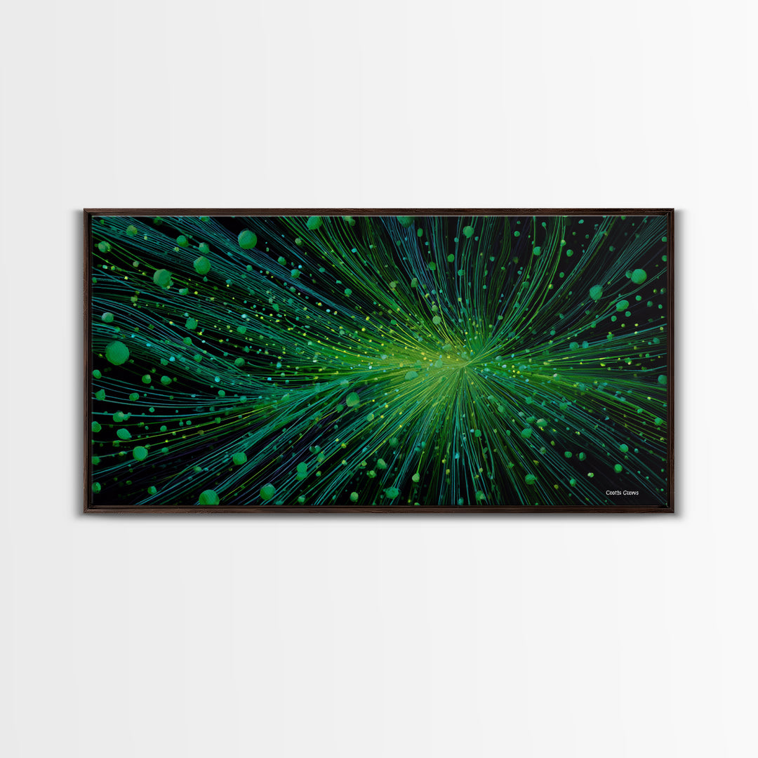Green Particle Burst Canvas Print, Abstract Energy Lines Wall Art, Modern Digital Artwork, Sci Fi Poster For Home Office Decor