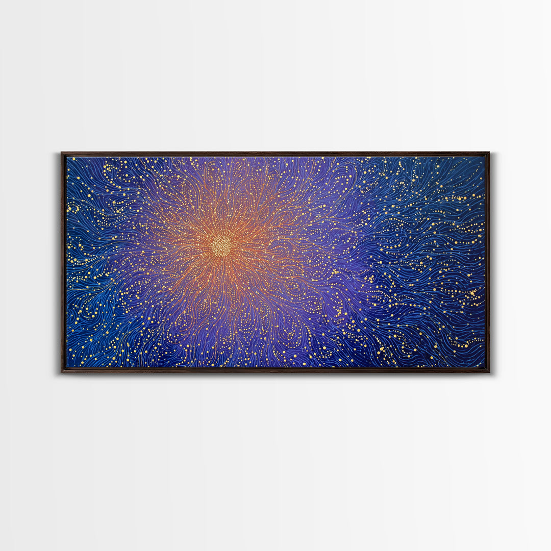 Golden Starburst Blue Wave Wall Art, Cosmic Abstract Digital Print, Modern Wall Decor, Vibrant Space Poster For Living Room