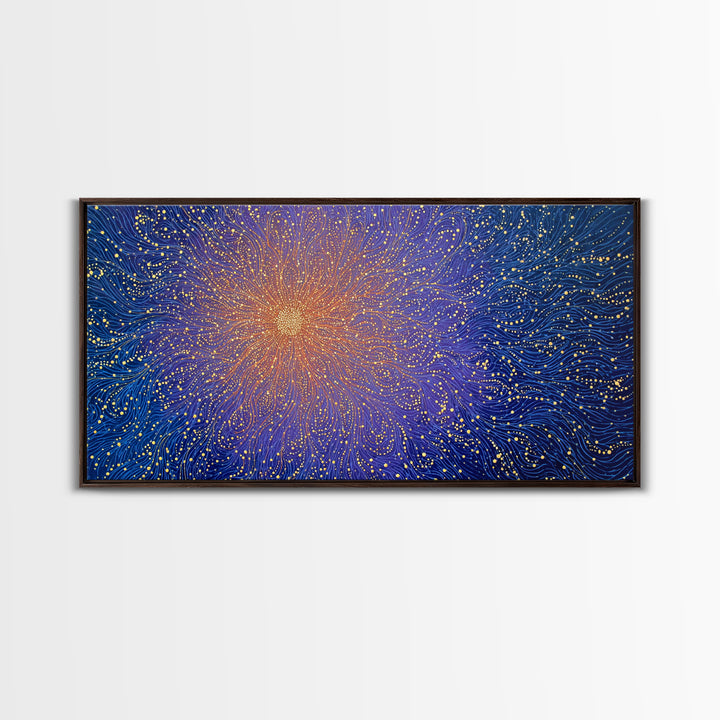 Golden Starburst Blue Wave Wall Art, Cosmic Abstract Digital Print, Modern Wall Decor, Vibrant Space Poster For Living Room