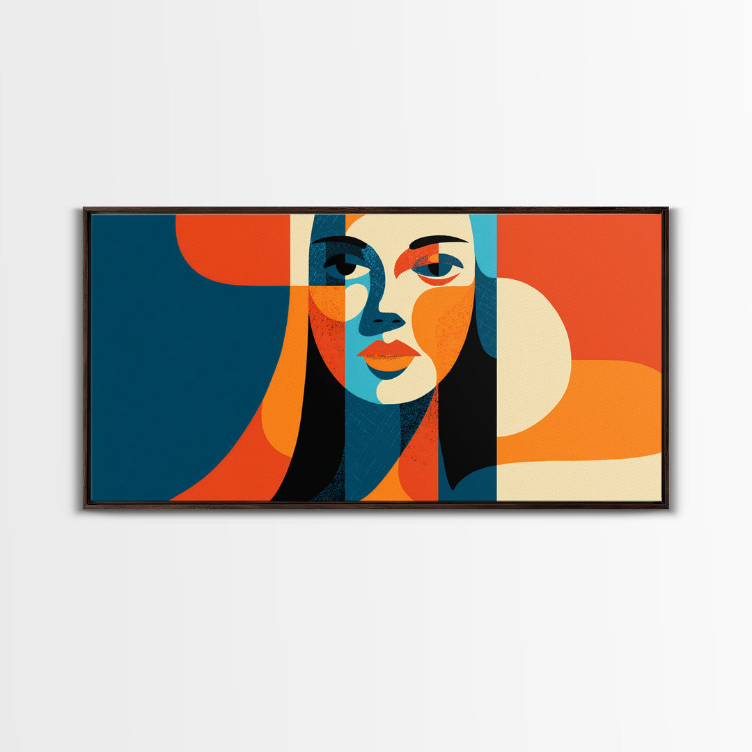 Geometric Woman Face Canvas Print, Midcentury Modern Abstract Art, Orange Teal Wall Decor, Retro MCM Home Decor Poster Gift