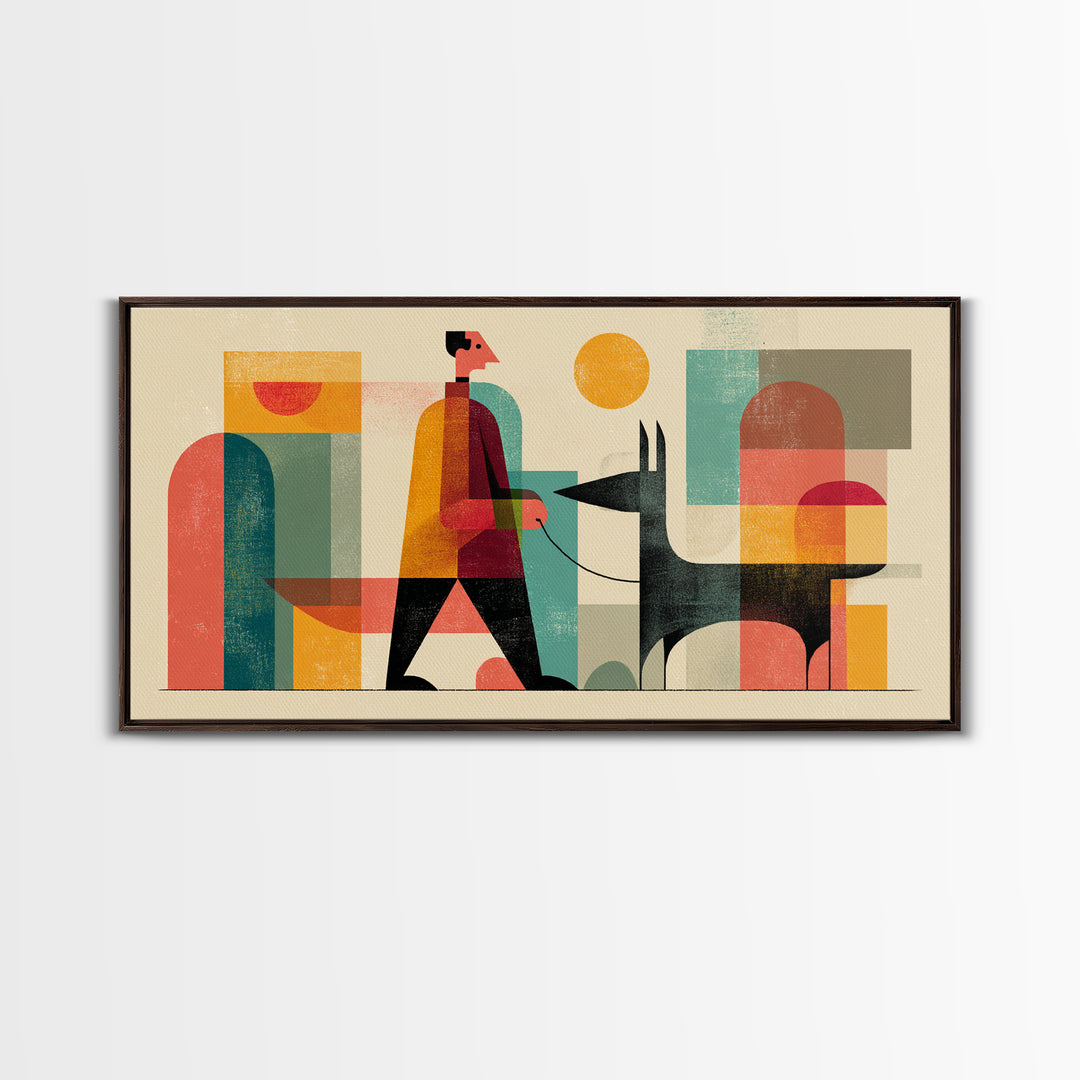 Man Walking Black Dog Wall Art, Midcentury Modern Illustration, Retro Abstract Shapes, Colorful Home Decor Canvas Print Gift