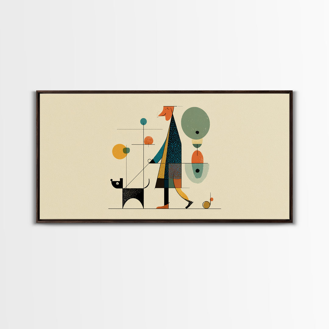 Whimsical Dog Walker Canvas Print, Midcentury Modern Minimal Art, Atomic MCM Wall Decor, Scandinavian Home Art Print Poster