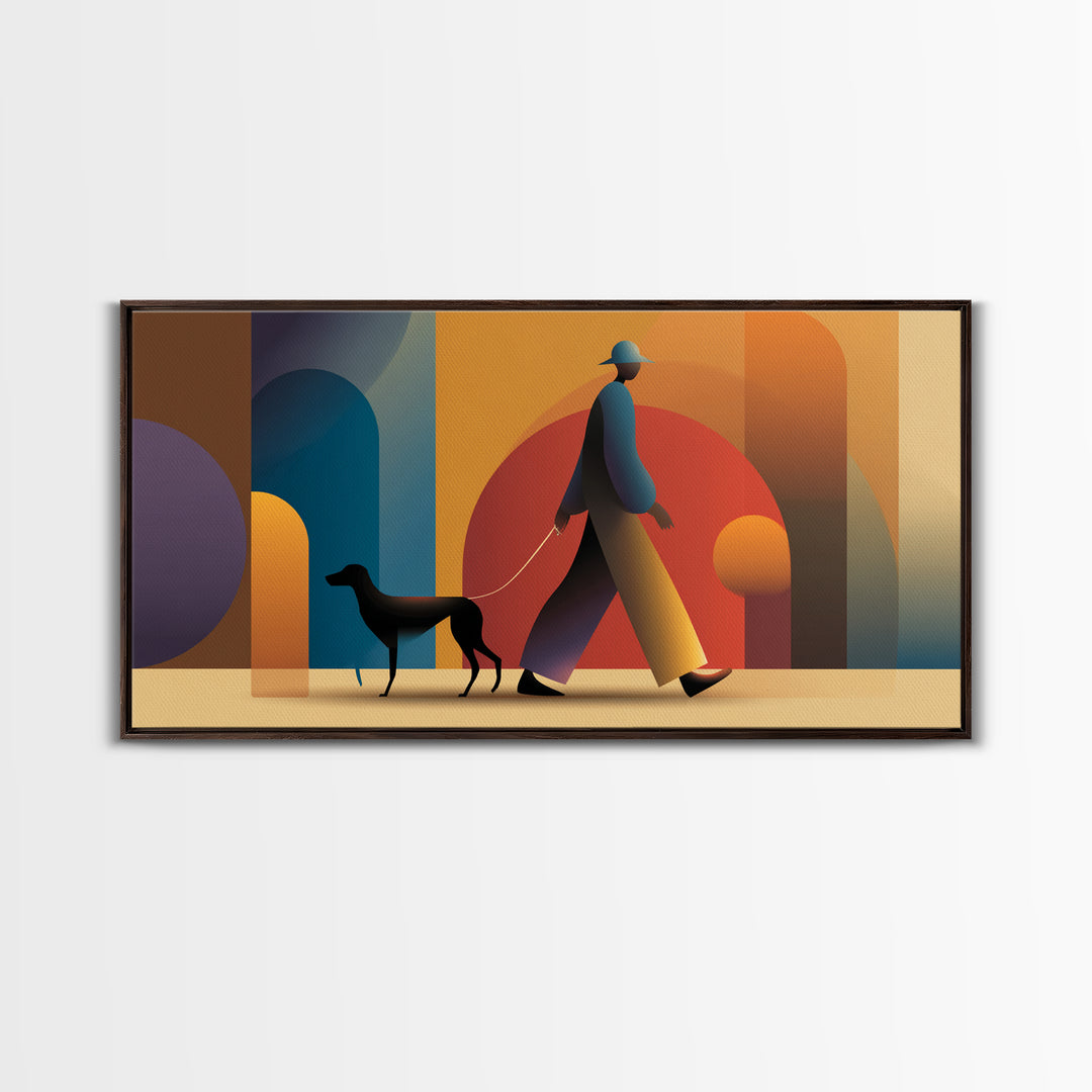 Sunset Dog Walker Framed Canvas Print, Midcentury Modern Wall Art, Retro Arches Decor, Warm Orange Living Room Print Poster