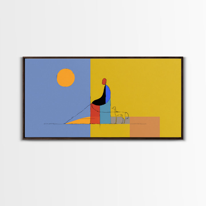 Minimal Yellow Blue Dog Walker Wall Art, Midcentury Modern Abstract Print, Scandinavian Decor, Geometric Home Art Poster