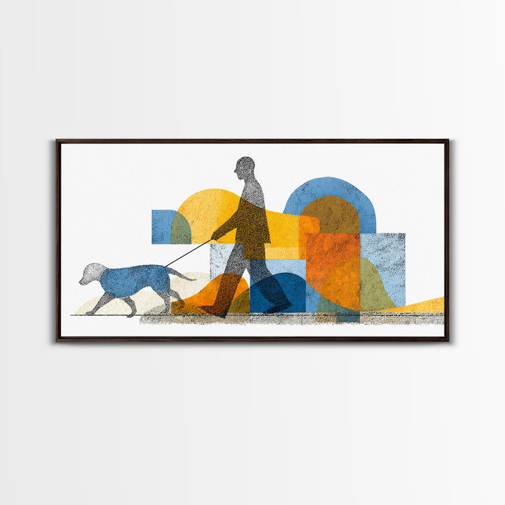 Silhouette Dog Walker Canvas Print, Midcentury Modern Wall Art, Blue Orange Geometric Decor, Minimalist Living Room Art Poster