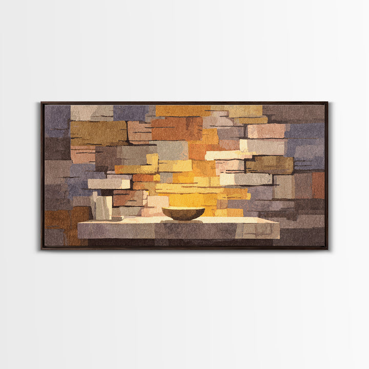 Abstract Stone Fireplace Wall Art, Midcentury Modern Home Decor, Warm Geometric Canvas Print, Cozy Living Room Artwork Poster