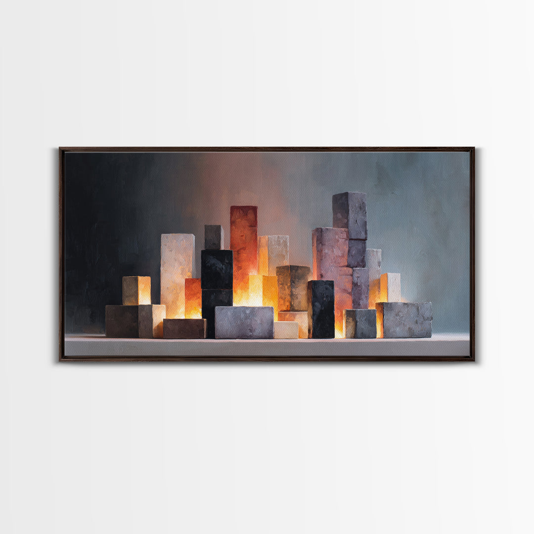 Glowing Stone Block Skyline At Dusk, Framed Canvas Print, Modern Abstract Art, Office Wall Decor, Neutral Home Decor, Living Room Art