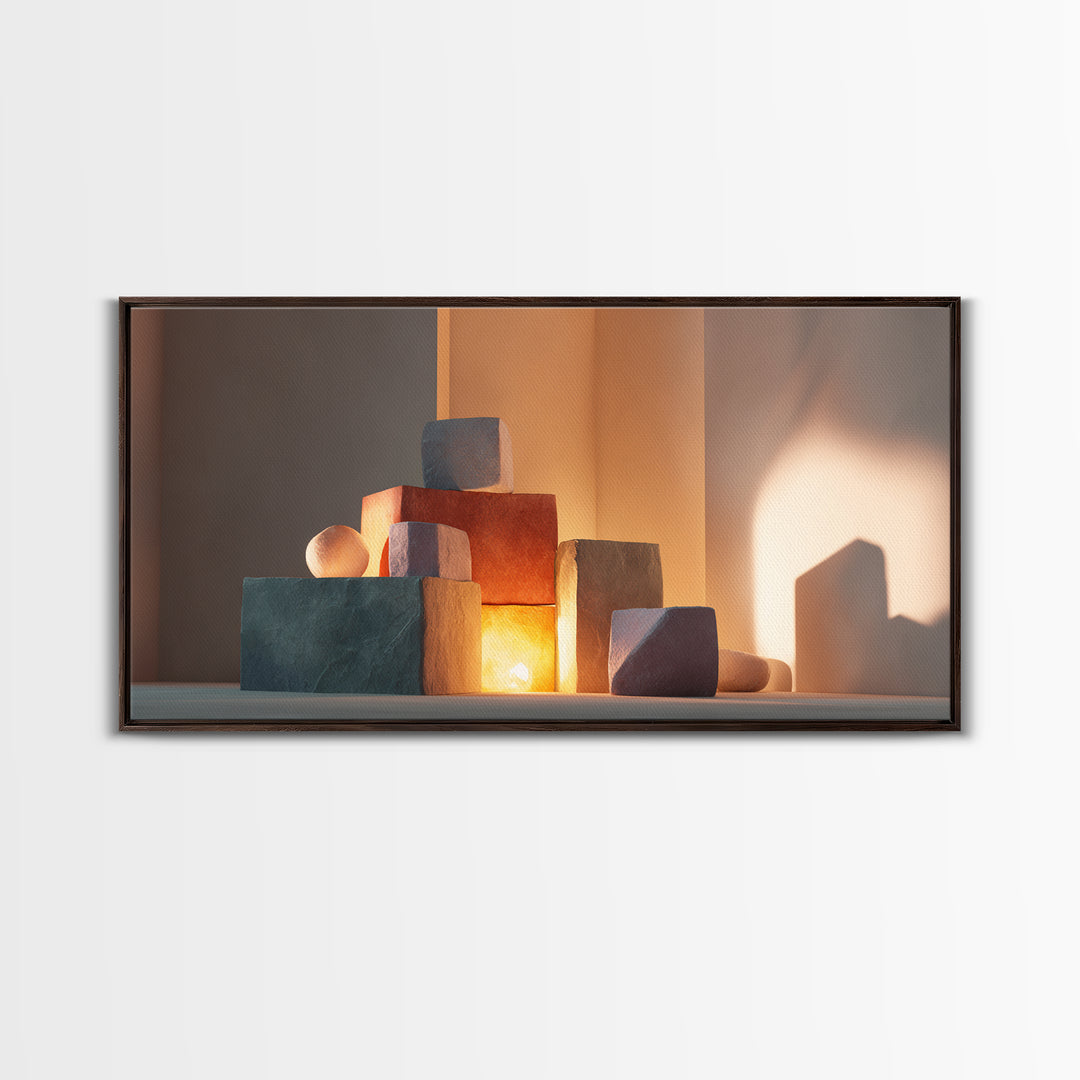 Sunlit Minimal Stone Blocks And Soft Shadows, Framed Canvas Print, Modern Wall Art, Neutral Decor, Bedroom Art Print, Home Office Decor