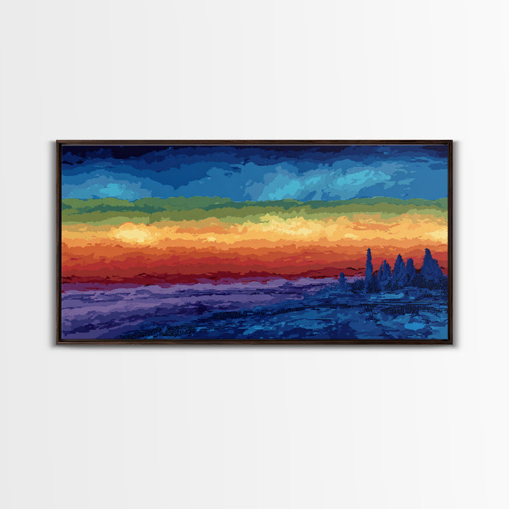 Dramatic Lake Sunset With Pine Silhouettes Framed Canvas Print, Blue Orange Landscape Wall Art, Rustic Cabin Decor, Lake House Decor