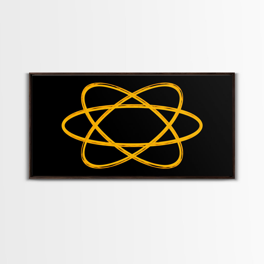 Golden Atomic Orbit Lines On Black Canvas Print, Midcentury Modern Abstract Wall Art, Retro Space Poster, Office Decor, Geek Decor
