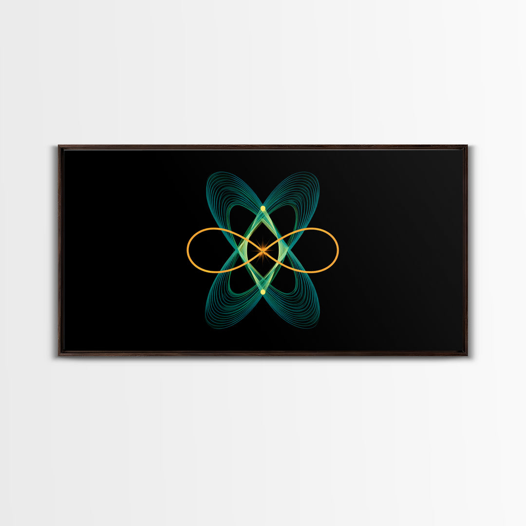 Teal And Gold Orbital Wave Lines Wall Art, Atomic Midcentury Modern Abstract Print, Black Retro Space Poster, Office Decor