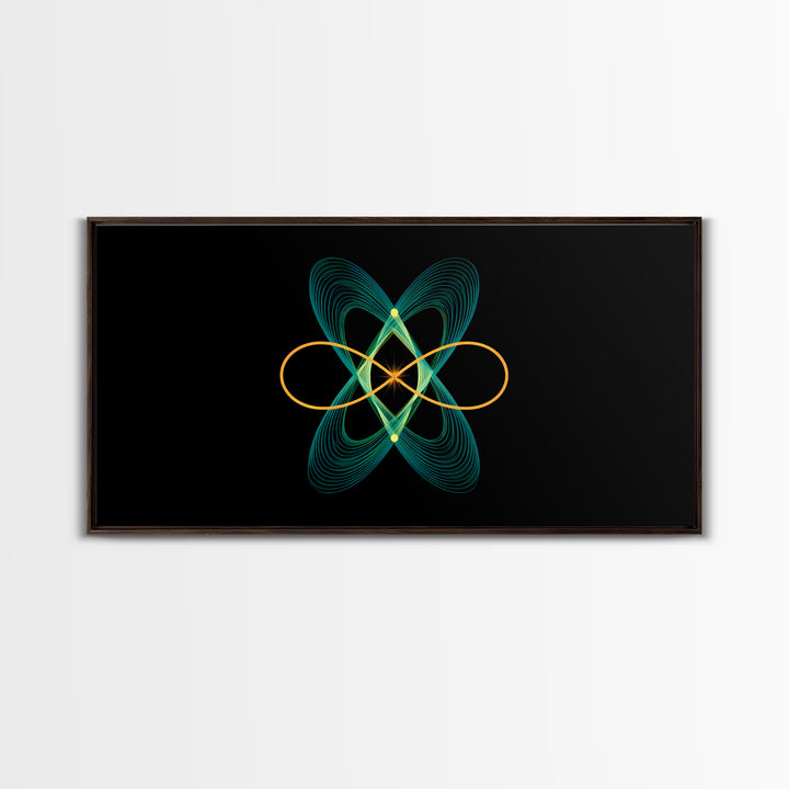 Teal And Gold Orbital Wave Lines Wall Art, Atomic Midcentury Modern Abstract Print, Black Retro Space Poster, Office Decor