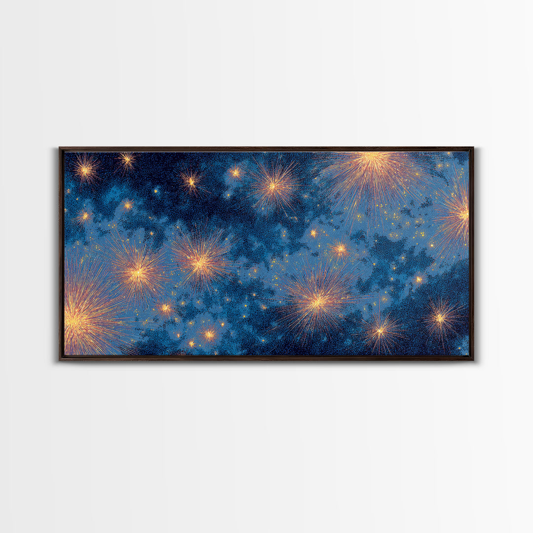 Blue Cloudy Fireworks Night Sky Canvas Print, Celestial Space Wall Art, Gold Stars Modern Decor For Bedroom Or Office Decor