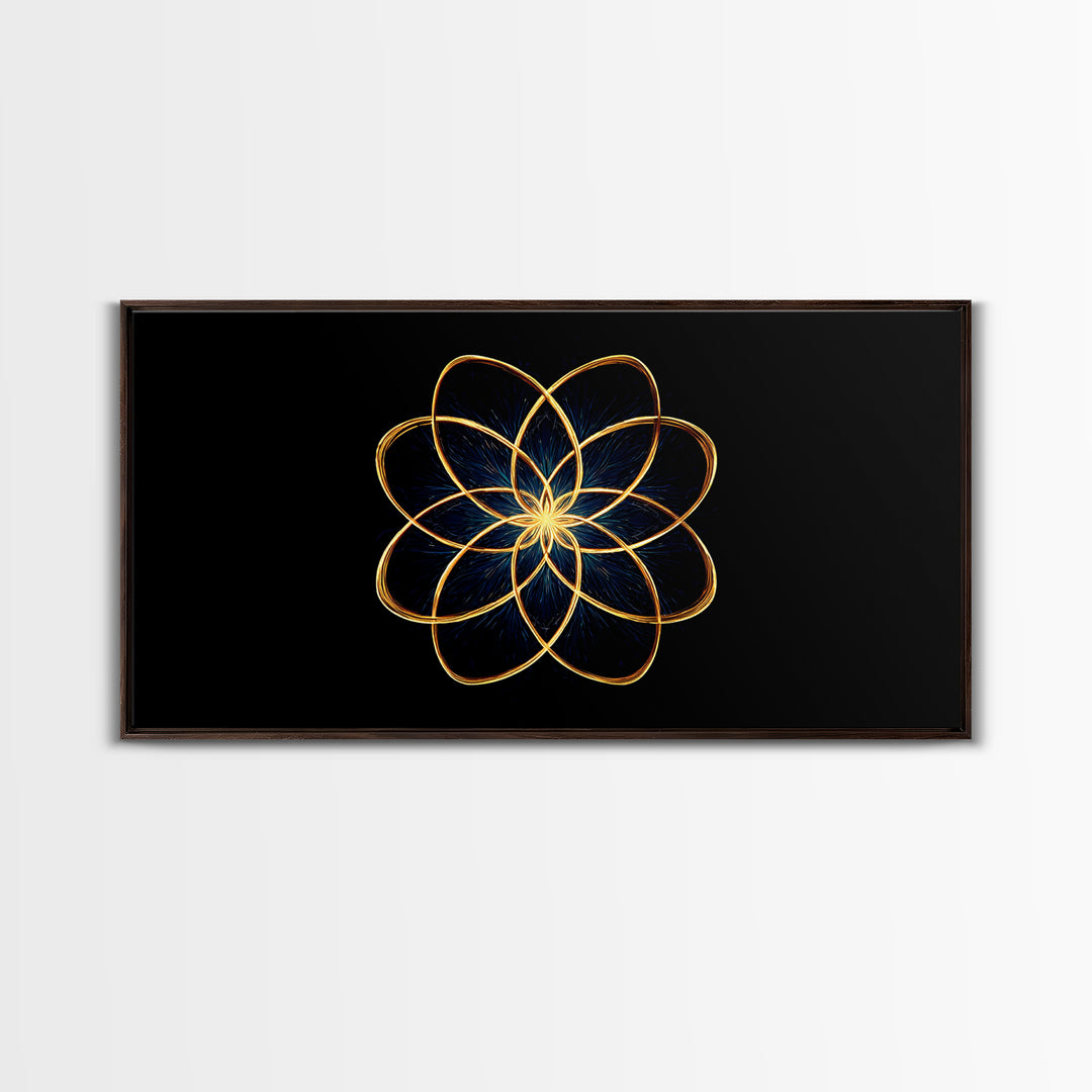 Gold Lotus Flower Line Art Canvas Print, Black And Gold Sacred Geometry Wall Decor, Spiritual Modern Abstract Artwork Gift
