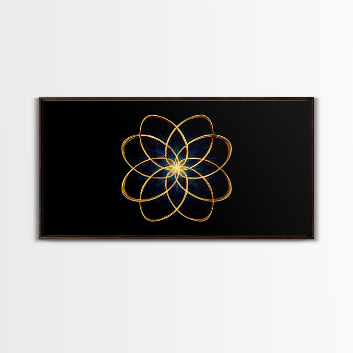 Gold Lotus Flower Line Art Canvas Print, Black And Gold Sacred Geometry Wall Decor, Spiritual Modern Abstract Artwork Gift