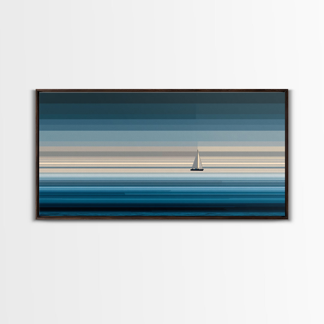 Minimal Sailboat Horizon Wall Art, Blue Ocean Seascape Print, Coastal Modern Wall Decor, Nautical Living Room Artwork Print