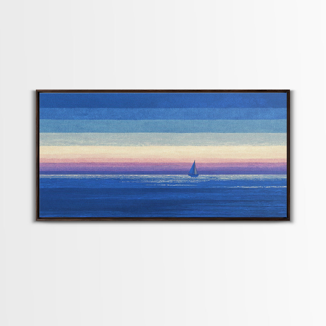 Blue Textured Sailboat Canvas Print, Ocean Sunset Seascape Wall Decor, Coastal Landscape Art For Bedroom And Lake House Decor