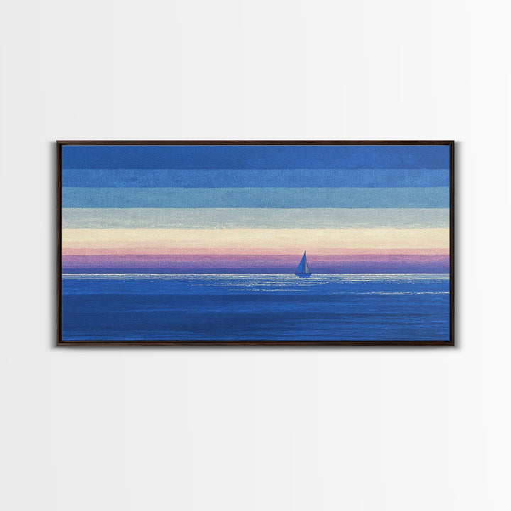 Blue Textured Sailboat Canvas Print, Ocean Sunset Seascape Wall Decor, Coastal Landscape Art For Bedroom And Lake House Decor