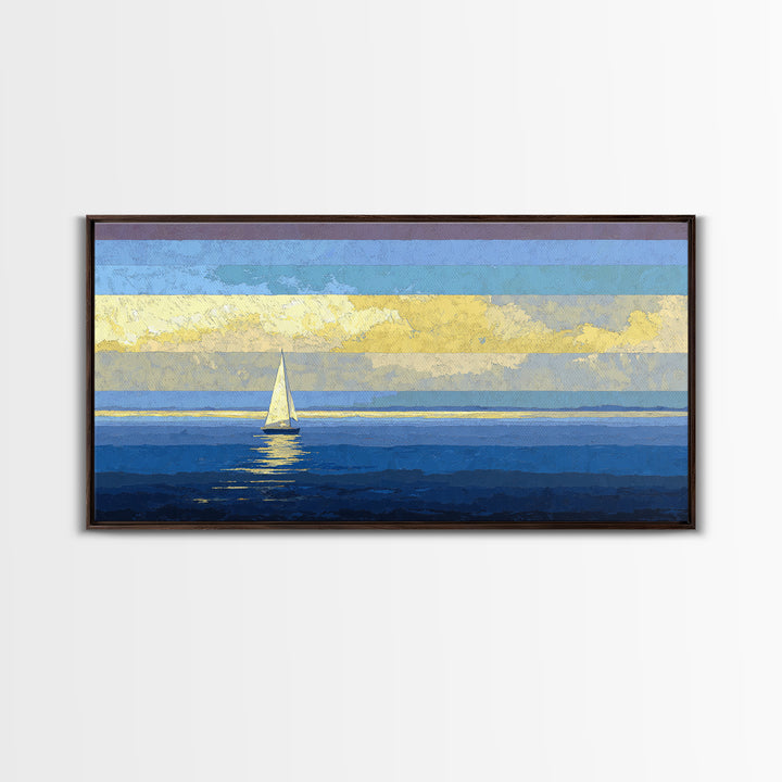 Sunlit Sailboat Seascape Framed Canvas Print, Blue Coastal Wall Art, Nautical Lake House Decor, Modern Ocean Artwork Print
