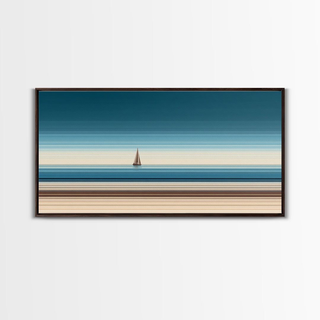 Minimalist Sailboat Horizon Canvas Print, Blue Beige Coastal Wall Art, Modern Nautical Decor For Living Room And Office Decor