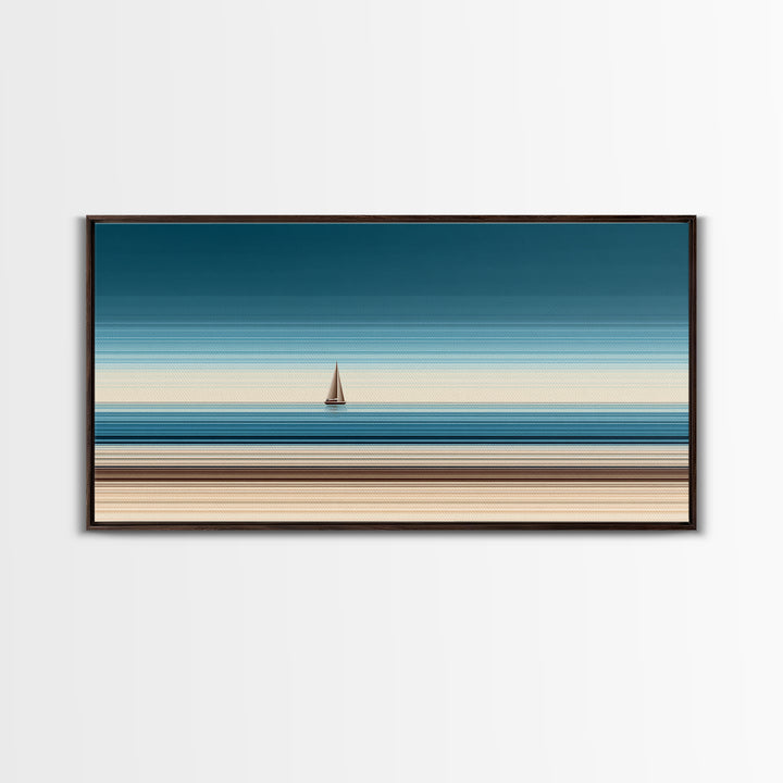 Minimalist Sailboat Horizon Canvas Print, Blue Beige Coastal Wall Art, Modern Nautical Decor For Living Room And Office Decor