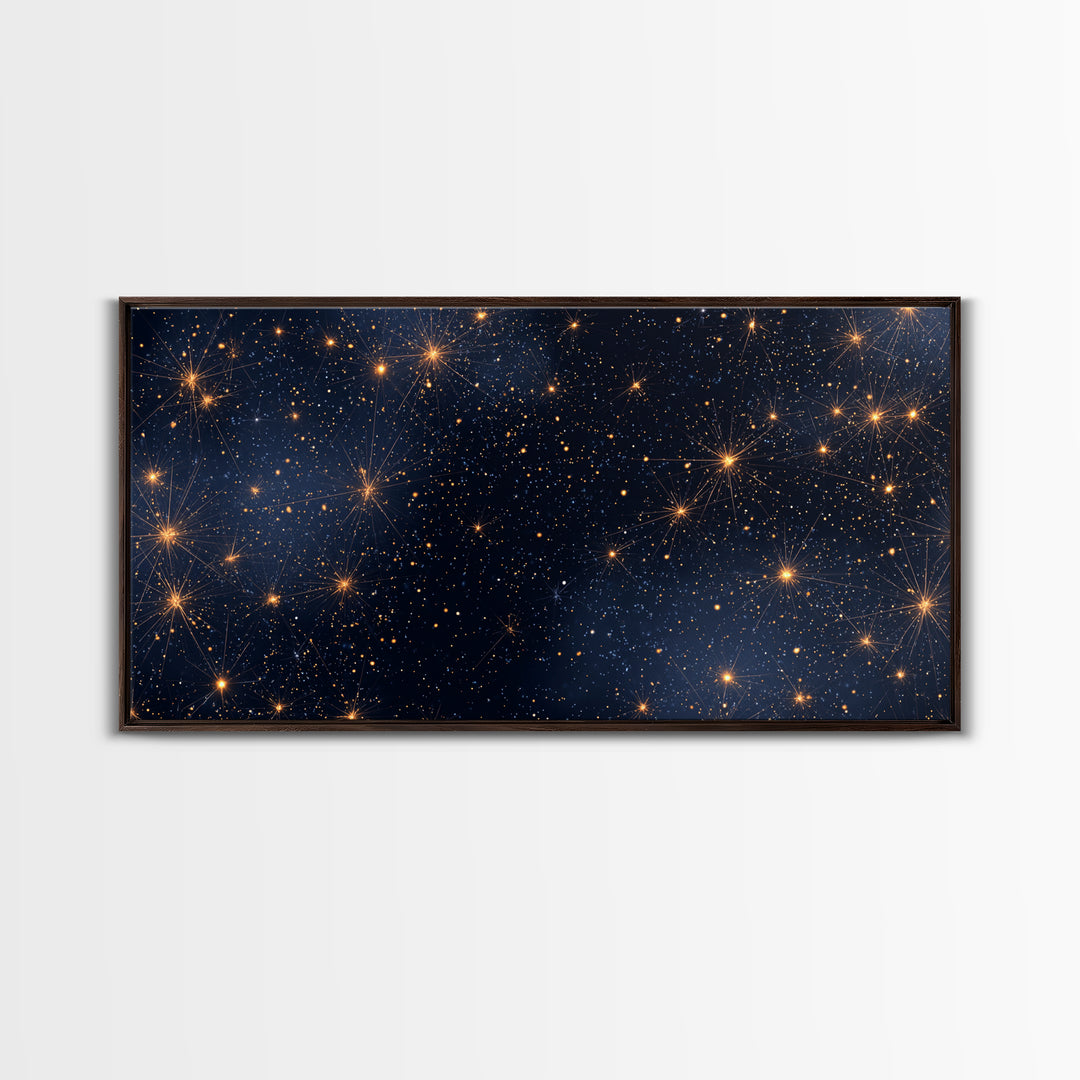 Golden Constellation Star Field Wall Art, Dark Navy Space Abstract Print, Modern Celestial Decor, Cosmic Bedroom Poster Art