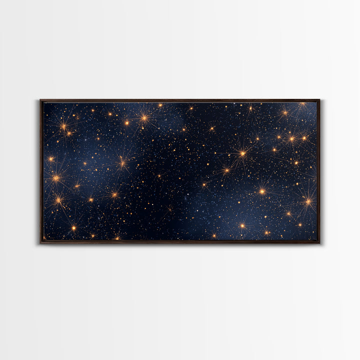 Golden Constellation Star Field Wall Art, Dark Navy Space Abstract Print, Modern Celestial Decor, Cosmic Bedroom Poster Art