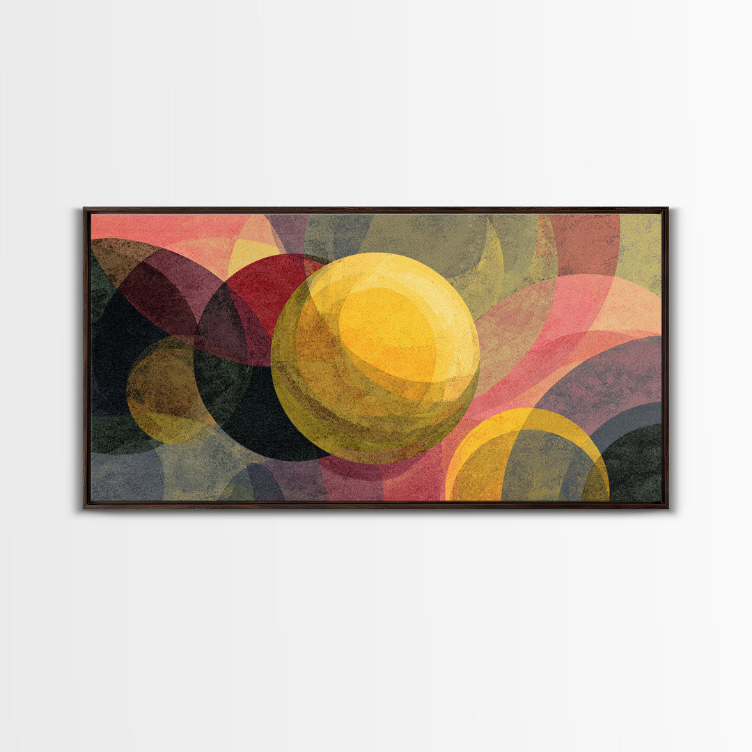 Layered Circles And Golden Orb Wall Art, Midcentury Modern Abstract Art, Retro Geometric Poster, Bold MCM Living Room Decor