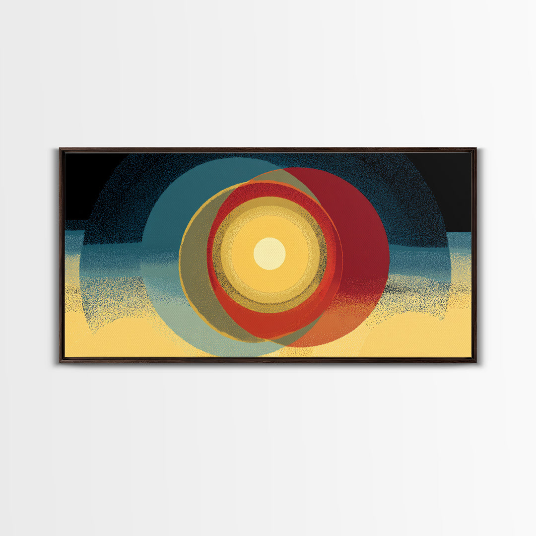 Glowing Concentric Sun Wall Art, Midcentury Modern Canvas Print, Retro Geometric Poster, Atomic Horizon Home Office Decor