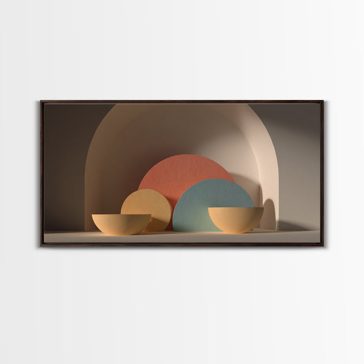 Minimalist Bowls In Arched Alcove Framed Canvas Print, Midcentury Modern Wall Art, Neutral Boho Decor, MCM Still Life Art