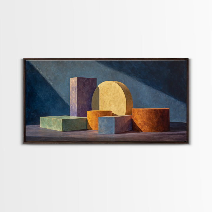 Colorful Blocks And Cylinders Still Life Wall Art, Framed Canvas Print, Modern Abstract Decor, Gallery Wall Office Poster
