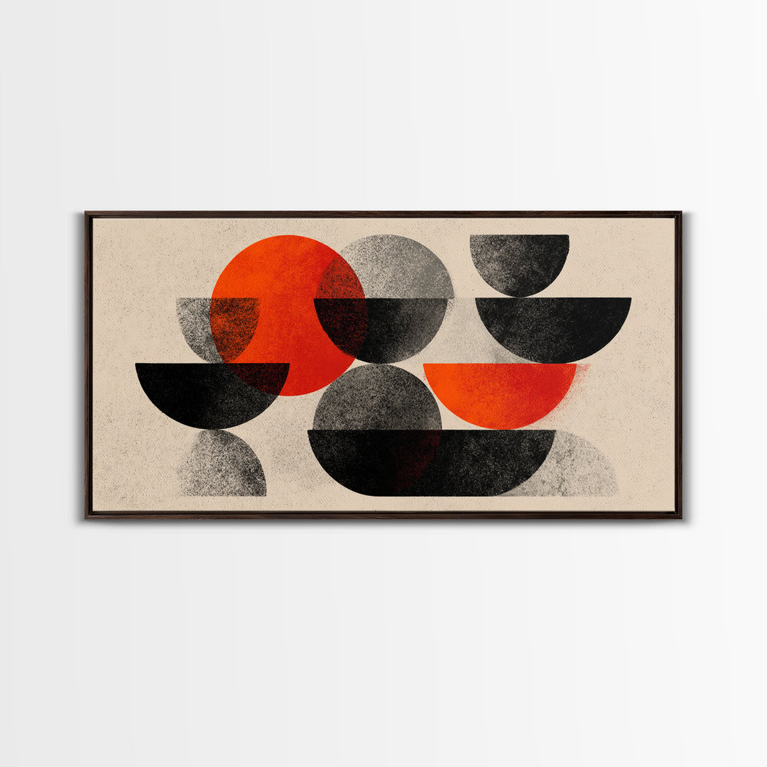 Red Black Gray Semi Circle Abstract Canvas Print, Mid Century Modern Wall Decor, Bauhaus Geometric Art For Office And Living Room