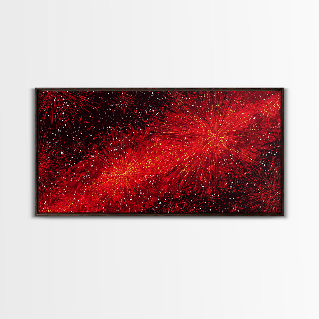 Fiery Red Starburst Fireworks Wall Art, Retro Atomic Mid Century Modern Decor, Bold Abstract Print For Living Room Or Office