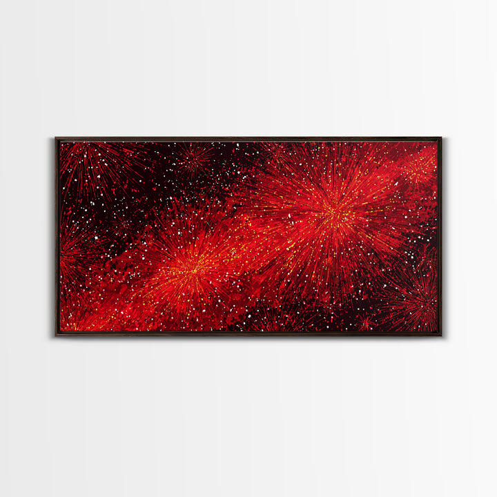 Fiery Red Starburst Fireworks Wall Art, Retro Atomic Mid Century Modern Decor, Bold Abstract Print For Living Room Or Office