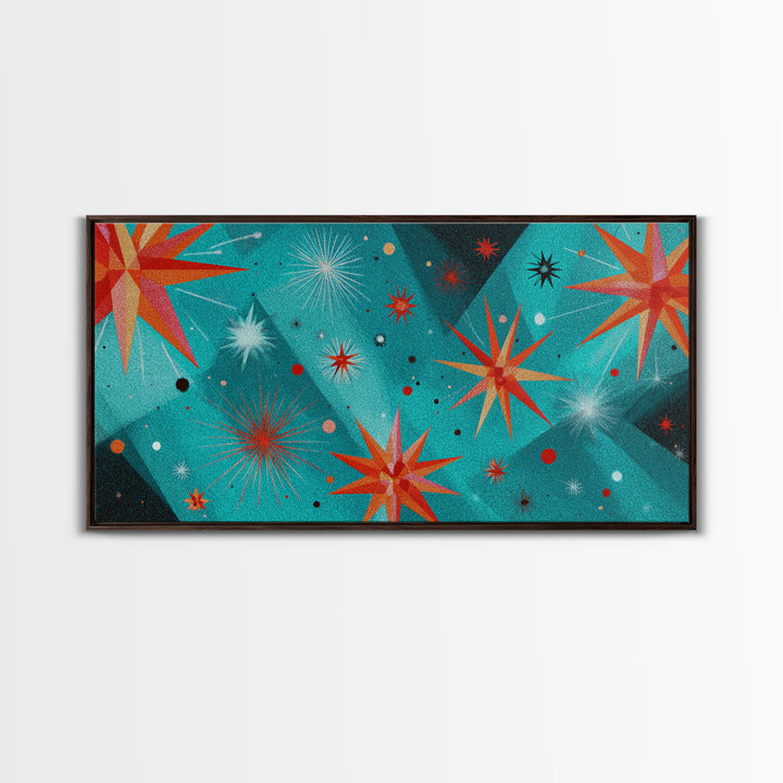 Turquoise Atomic Starburst Wall Art, Mid Century Modern Decor, Retro 50s Space Abstract Print For Living Room And Office