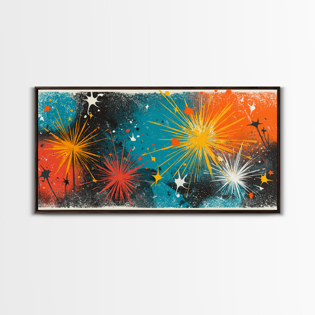 Teal Orange Splatter Starburst Wall Art, Atomic Mid Century Modern Decor, Retro Abstract Print For Living Room Or Office Decor