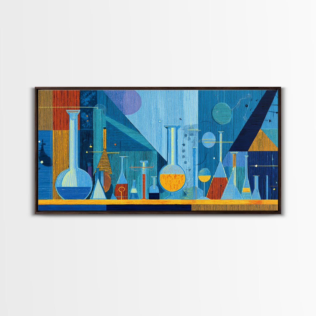 Blue Glass Chemistry Still Life Wall Art, Mid Century Modern Decor, Retro Science Canvas Print For Office Studio Or Kitchen