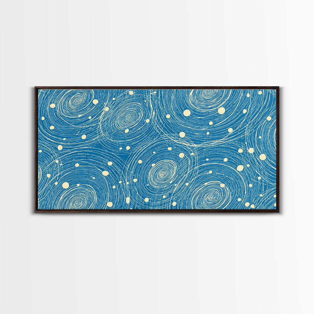 Blue Swirling Star Field Framed Canvas Print, Midcentury Modern Wall Art, Retro Abstract Poster, Cosmic Home Decor, MCM Office Decor