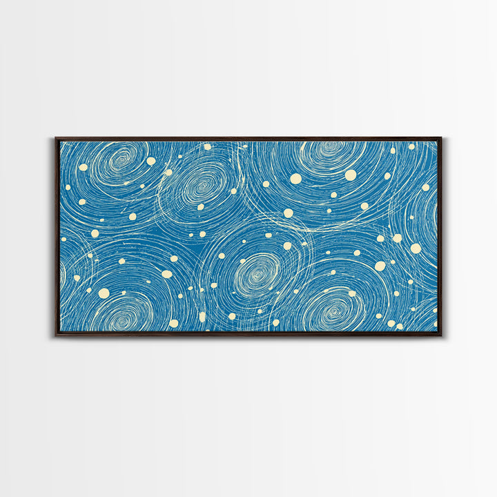 Blue Swirling Star Field Framed Canvas Print, Midcentury Modern Wall Art, Retro Abstract Poster, Cosmic Home Decor, MCM Office Decor