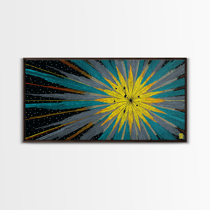 Yellow Teal Cosmic Starburst Canvas Print, Midcentury Modern Space Abstract Wall Art, Atomic Retro MCM Home Decor For Office Decor