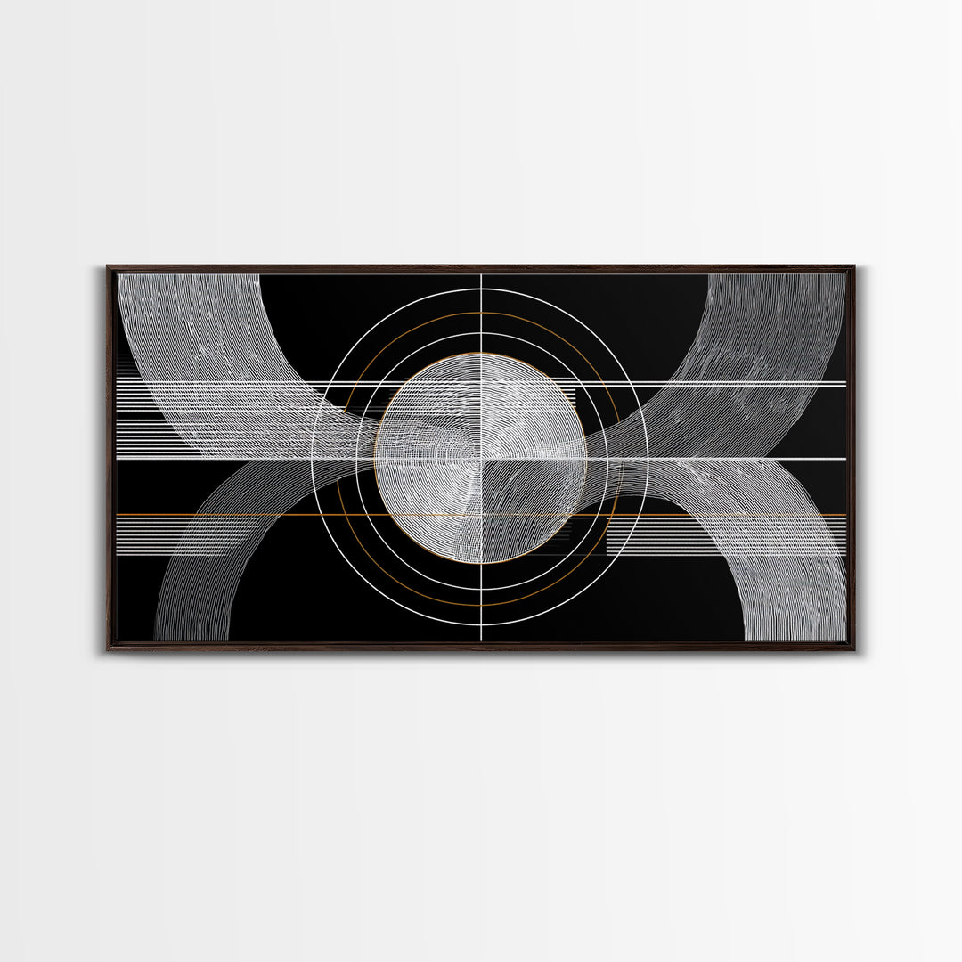 Black White Orbital Waves Framed Canvas Print, Midcentury Modern Wall Art, Geometric Abstract Poster, MCM Home Decor, Gold Accent
