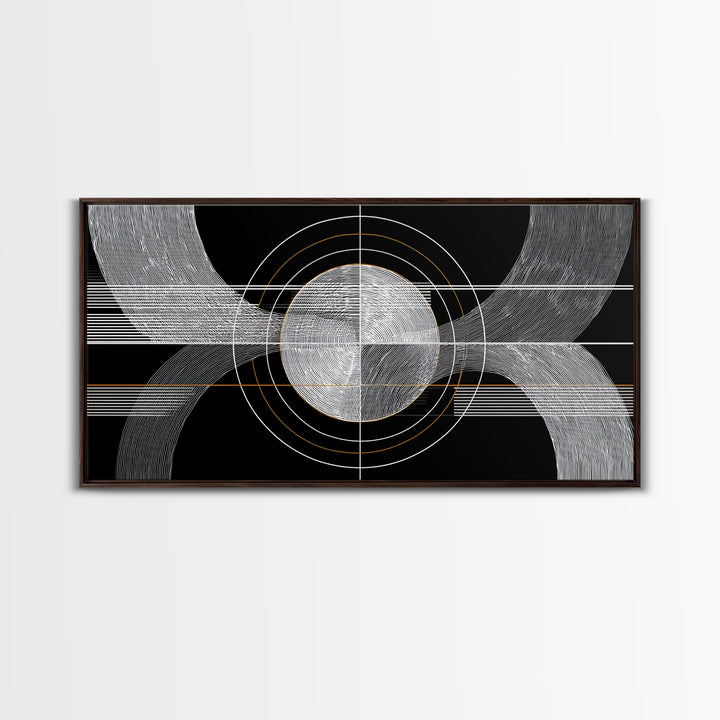 Black White Orbital Waves Framed Canvas Print, Midcentury Modern Wall Art, Geometric Abstract Poster, MCM Home Decor, Gold Accent