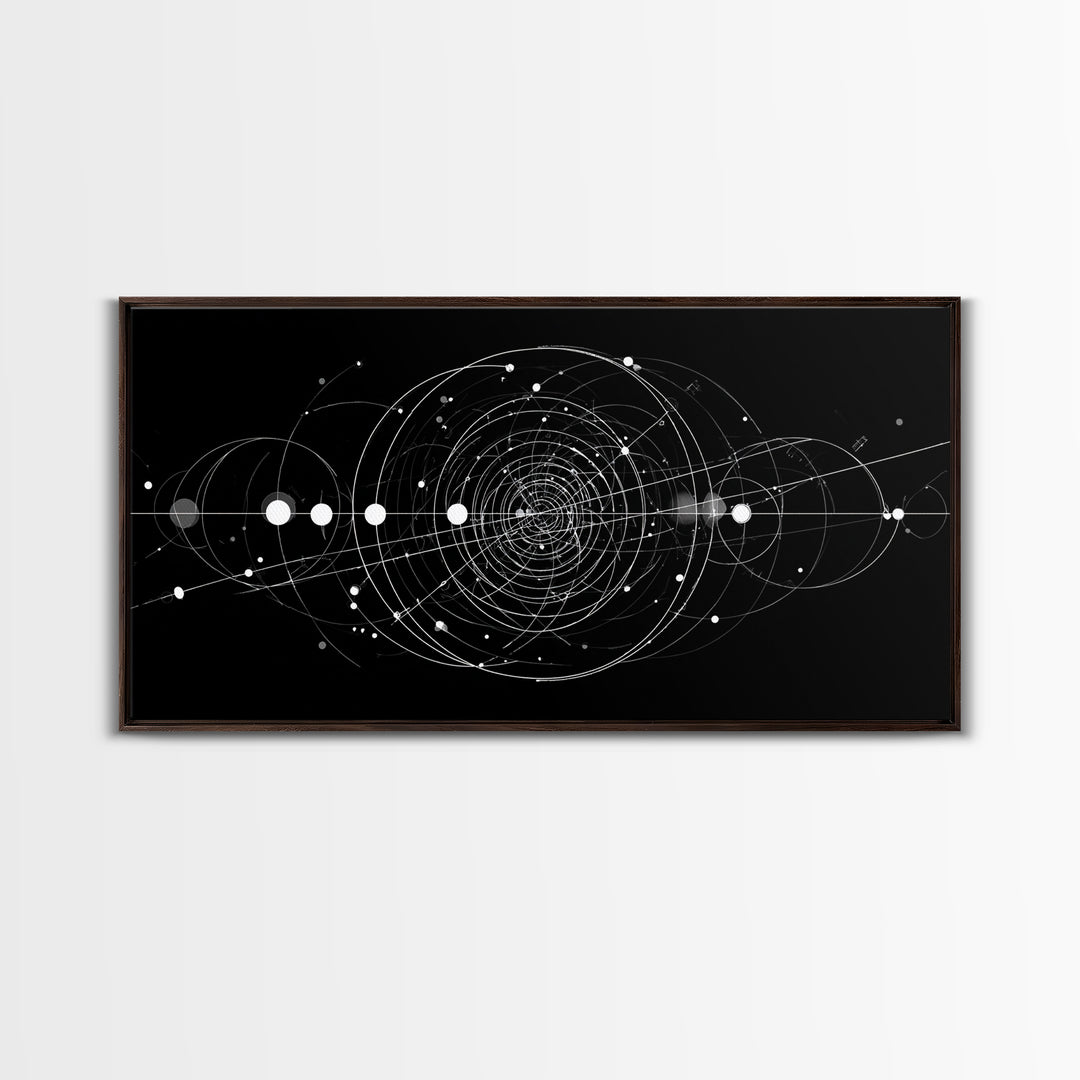 White Orbital Geometry In Black Space Wall Art, Modern Abstract Art Print, Sci Fi Decor, Geometric Wall Decor Gift For Office