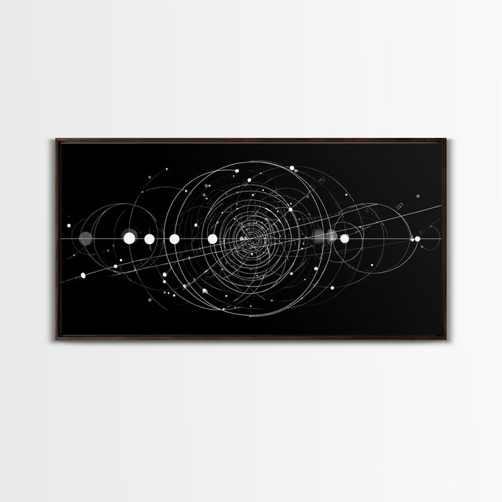 White Orbital Geometry In Black Space Wall Art, Modern Abstract Art Print, Sci Fi Decor, Geometric Wall Decor Gift For Office
