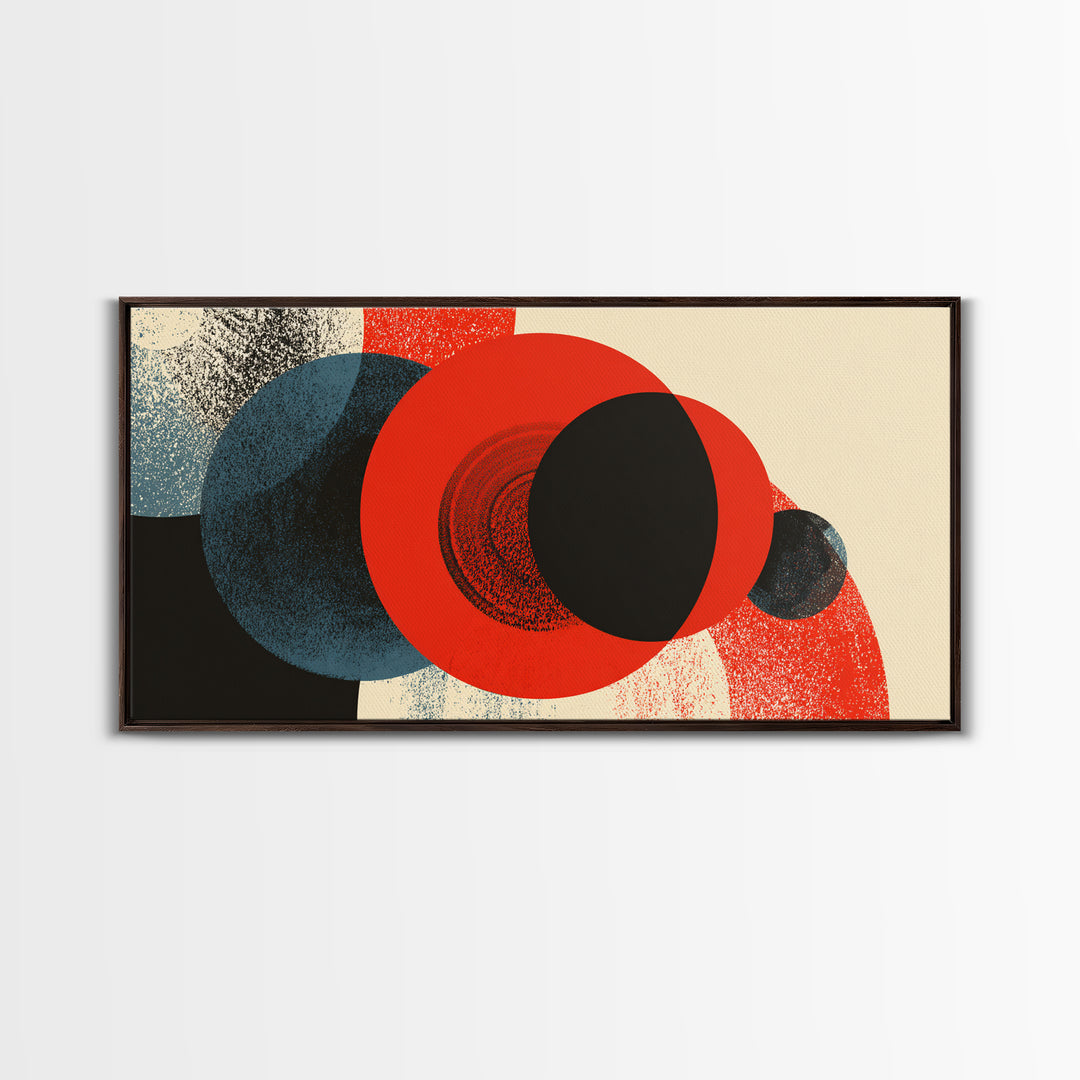 Bold Red Black And Blue Circle Collision Wall Art, Midcentury Modern Abstract Poster, Geometric MCM Decor, Large Canvas Print