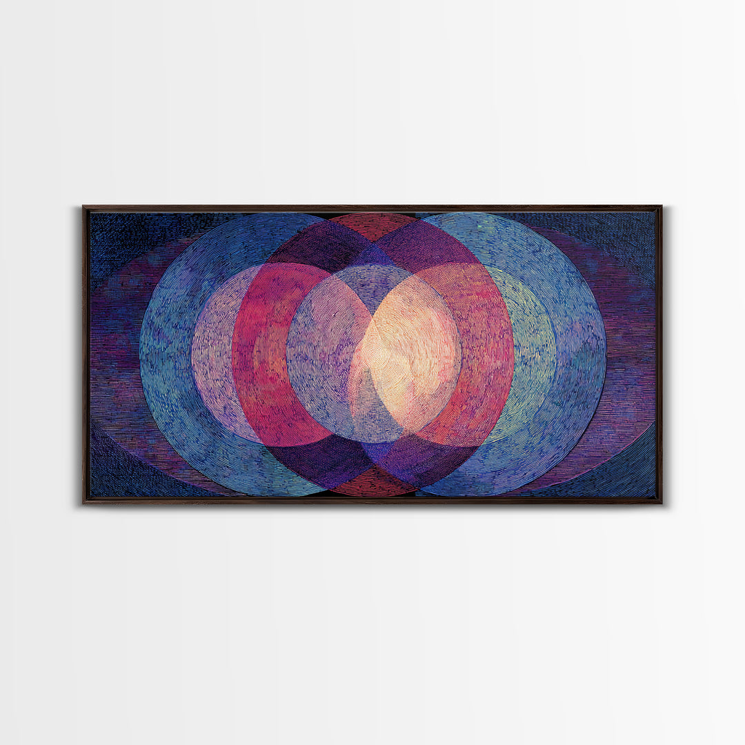 Textured Blue Pink Moire Oval Rings Wall Art, Midcentury Modern Abstract Art Print, Op Art Poster, Retro Geometric MCM Decor