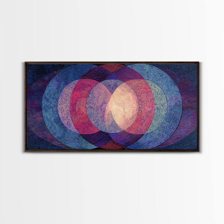 Textured Blue Pink Moire Oval Rings Wall Art, Midcentury Modern Abstract Art Print, Op Art Poster, Retro Geometric MCM Decor