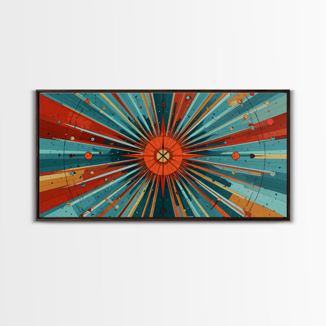 Orange Teal Cosmic Sunburst Canvas Print, Midcentury Modern Art, Retro Atomic Poster, Bold Geometric Wall Decor, 1950s Space Print