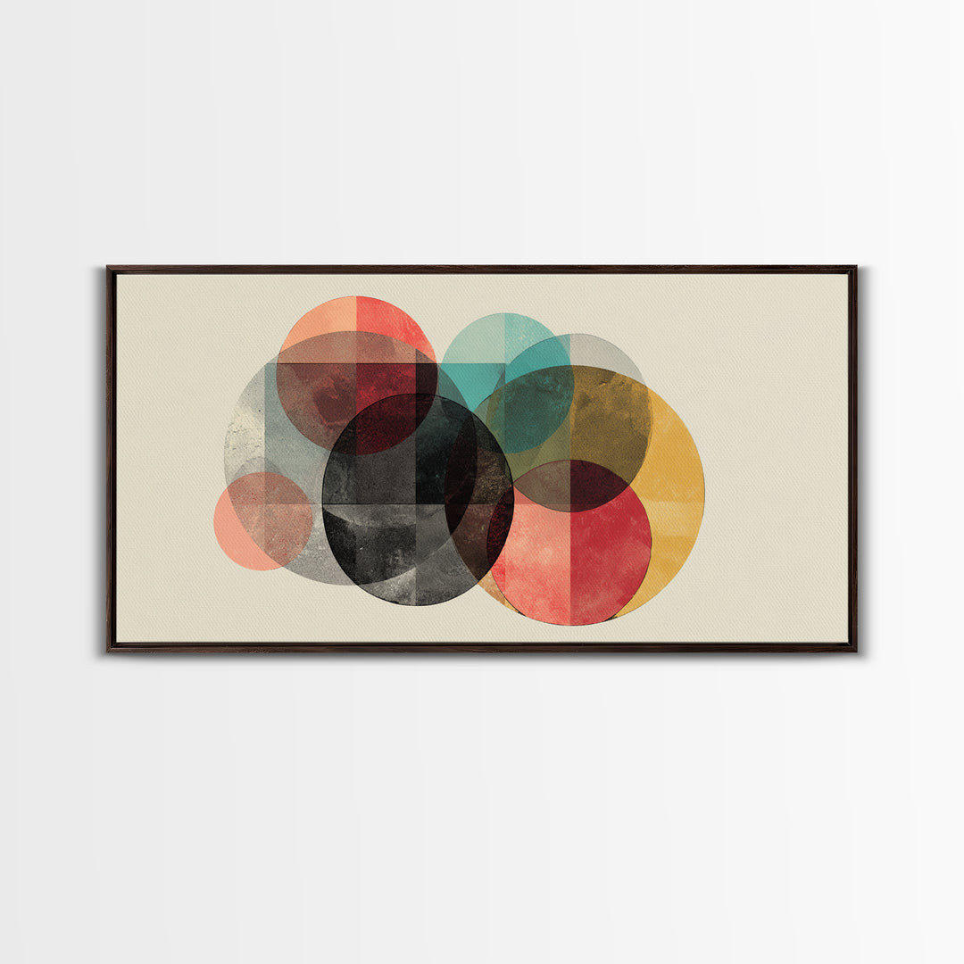 Neutral Black Red Yellow Circle Cluster Framed Canvas Print, Midcentury Modern Wall Art, Retro Geometric Poster, MCM Home Decor