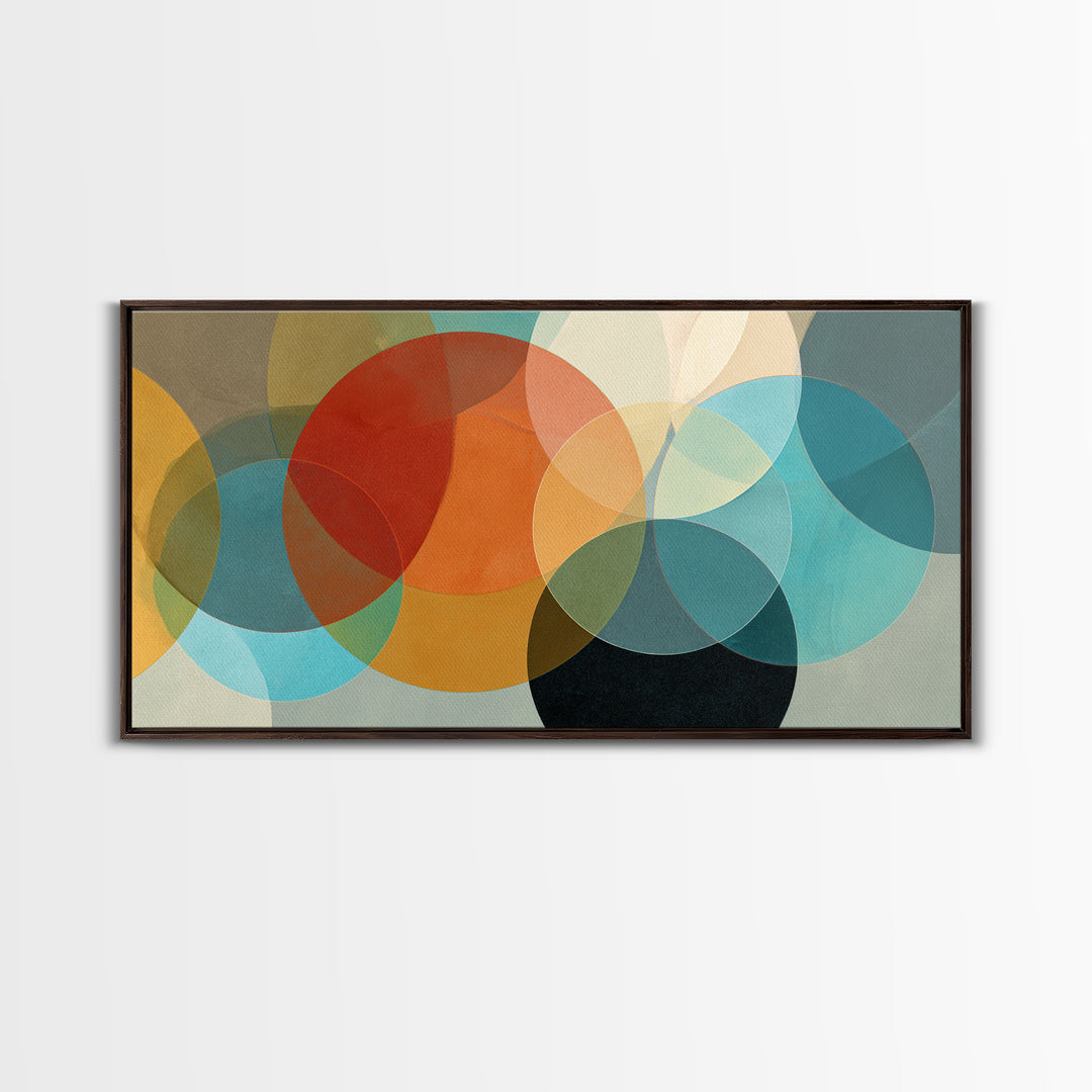Overlapping Retro Circles Abstract In Teal Orange Mustard Wall Art, Mid Century Modern Print, Geometric MCM Living Room Decor